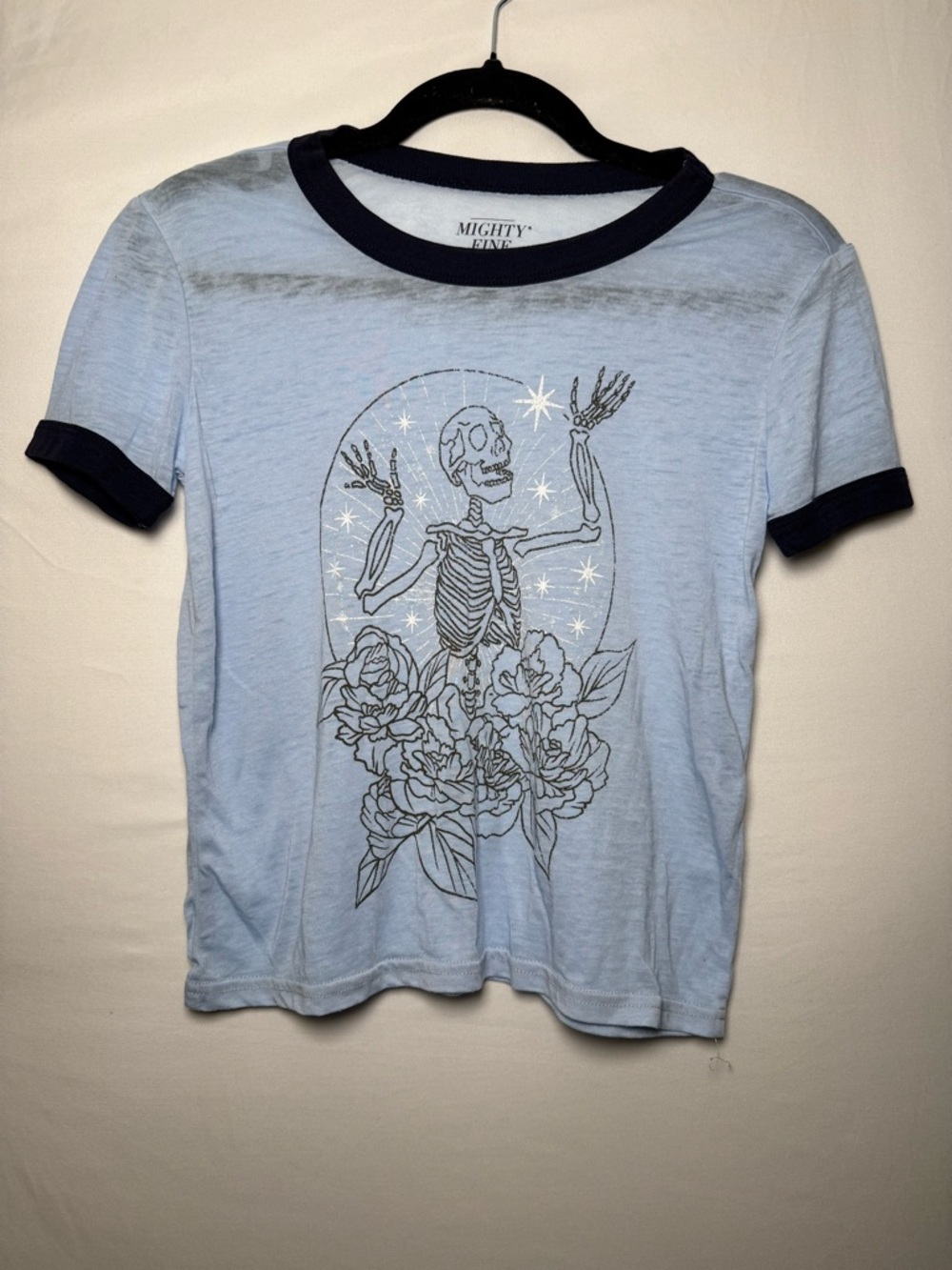 Mighty Fine Pale Blue Ringer Tee with Navy Trim and Skeleton Floral Graphic
